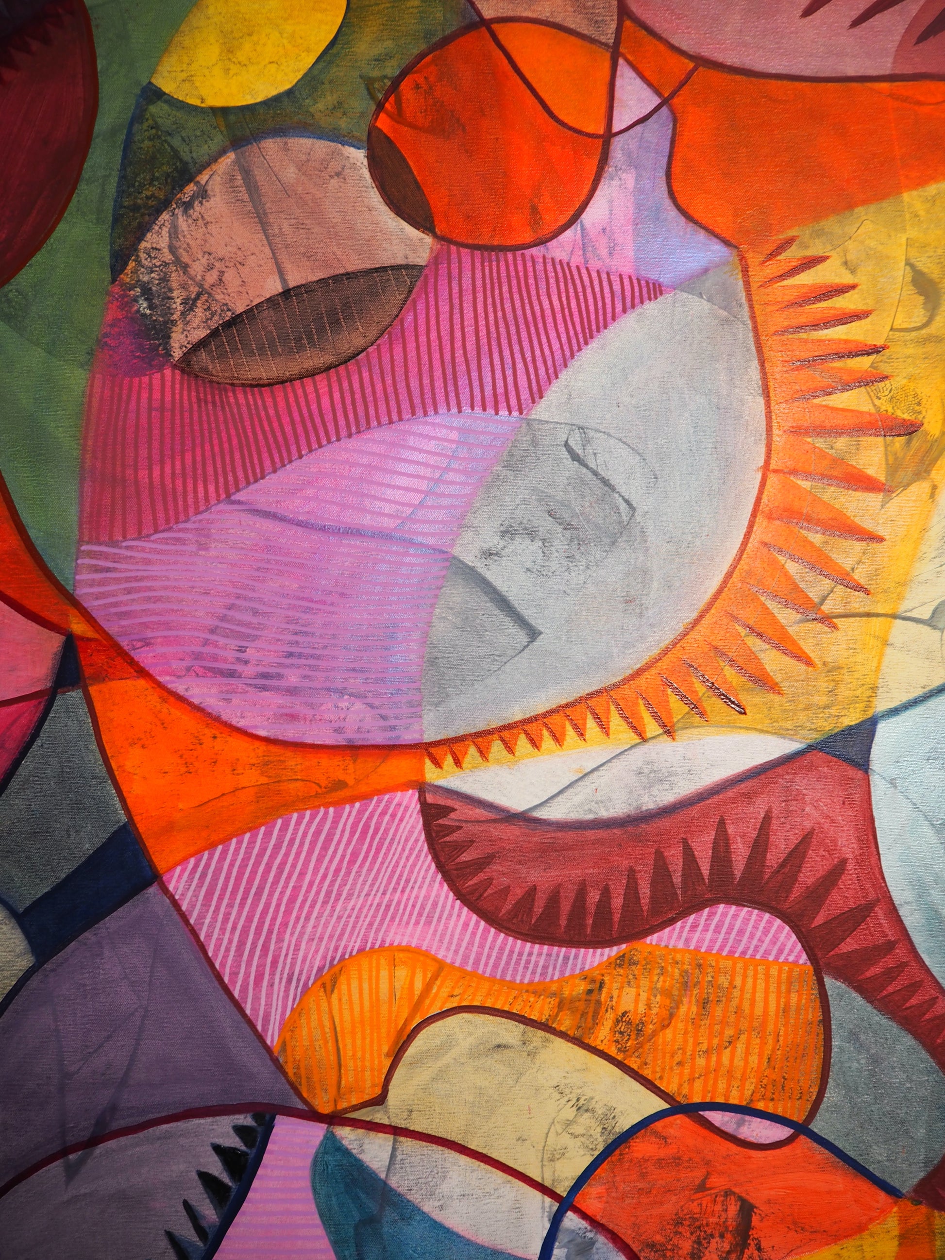 Abstract mixed-media painting featuring organic shapes, textured layers, and bold colors including orange, pink, yellow, red, purple, gray, and green.