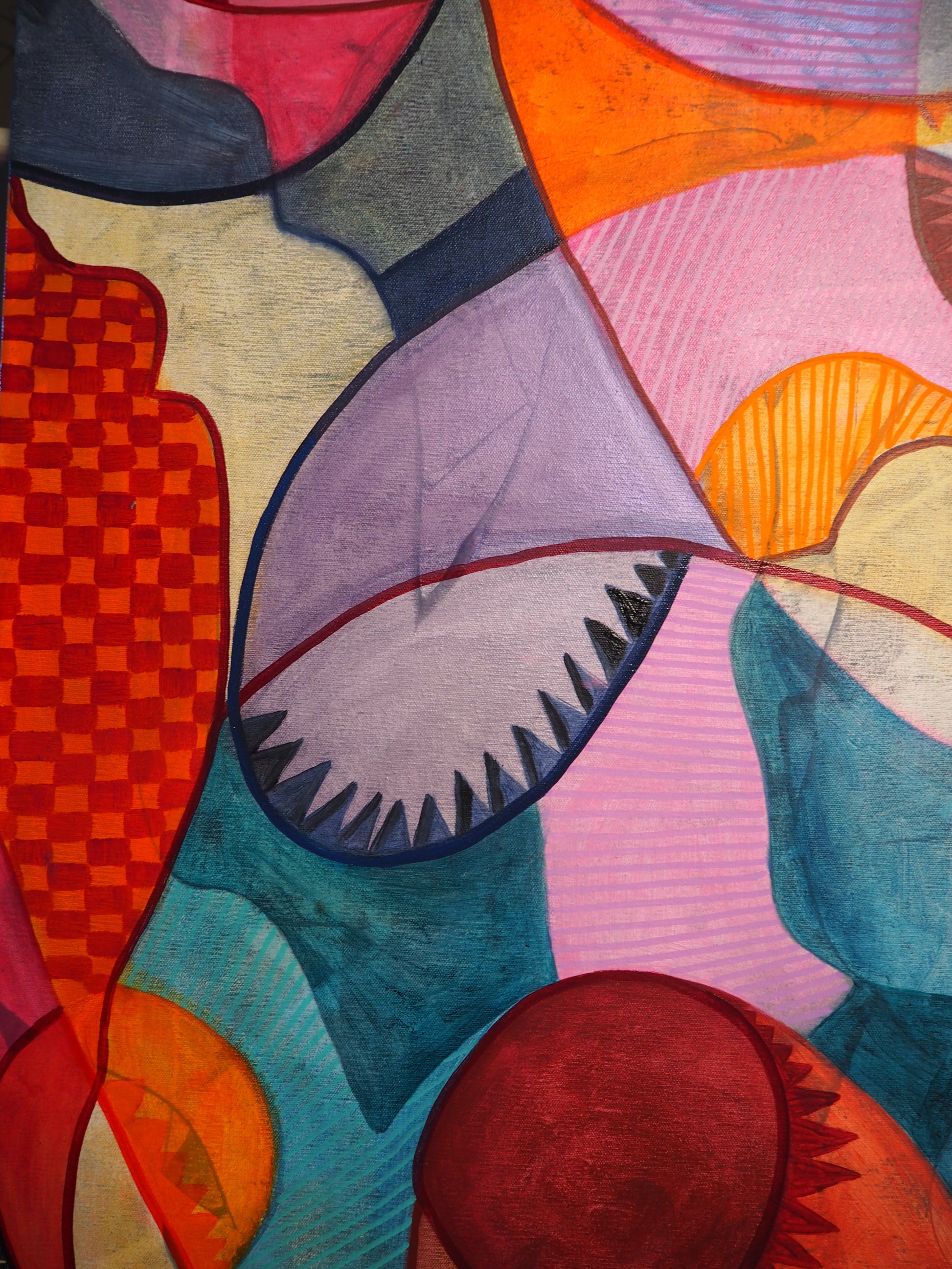 Abstract geometric art print featuring organic shapes in vibrant shades of orange, pink, teal, purple, red, and cream with textured brushstrokes and fine line details.