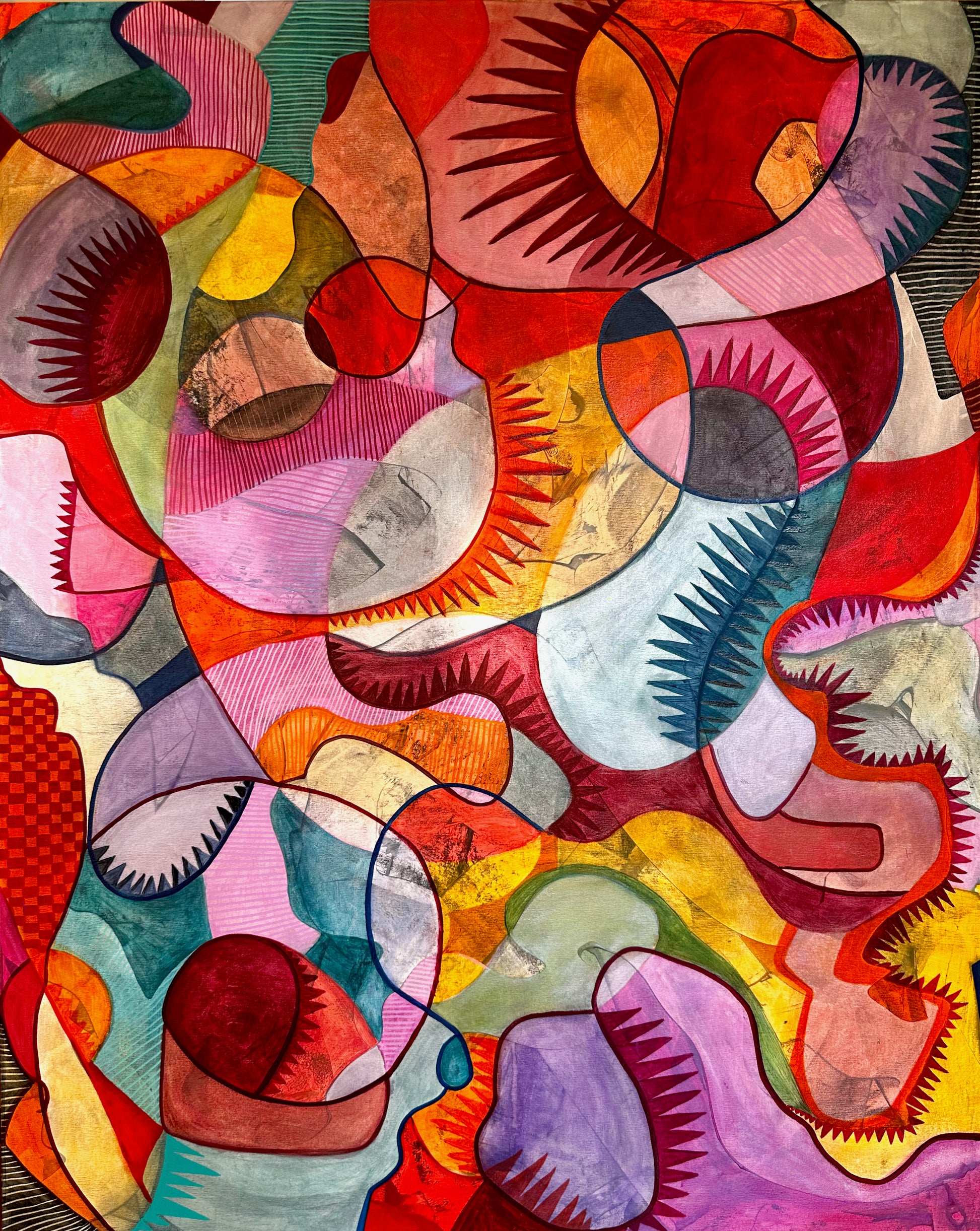 A vibrant abstract painting filled with overlapping organic shapes, circles, and angular forms in bold reds, pinks, yellows, oranges, greens, and purples, outlined with dark black lines.